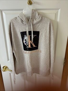 Calvin Klein Jeans Light Gray Hoodie with Black Sequin CK Logo